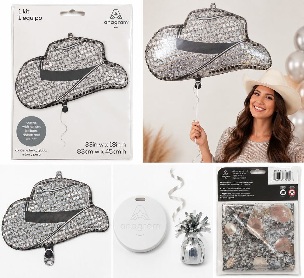 Anagram Silver Cowgirl Hat Foil Balloon Kit – 33" x 18"